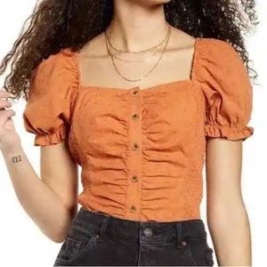 Women's Square Neck Puff Sleeve Button Front Top - Rust Orange